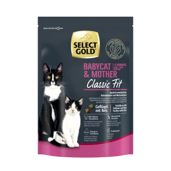 Die Verpackung von Select Gold Babycat & Mutter Katzenfutter zeigt ein schwarz-weißes Kätzchen mit seiner Mutter, das "1-4 Monate" und ernährungsphysiologische Vorteile hervorhebt.