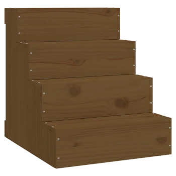 Holzhaustierleiter mit vier Stufen, mit natürlicher Oberfläche und sichtbaren Schrauben zur Montage.