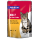 Katzenfutterbeutel mit einer getigerten Katze, beschriftet mit "FIT+FUN JELLY mit Gans & Leber", mit Übersetzungen in Französisch und Spanisch, 100g.