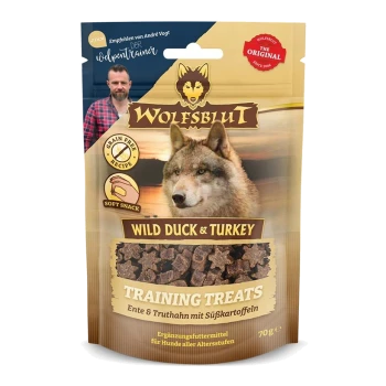 Opakowanie przysmaków treningowych Wolfsblut Wild Duck & Turkey z wizerunkiem wilka, z tekstem podkreślającym "Grain Free Recipe" i "Soft Snack."