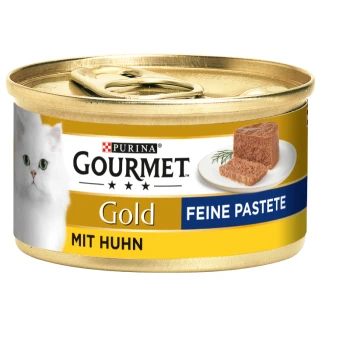 Eine Dose Purina Gourmet Gold Katzenfutter mit einer weißen Katze auf dem Etikett, beschriftet mit 'Feine Paste' und 'Mit Huhn.'