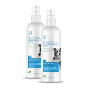 Anti-Zecken- und Milbenspray für Hunde in einer weißen Sprühflasche, mit einem Hundebild und Text, der den Schutz vor Zecken und Milben beschreibt.