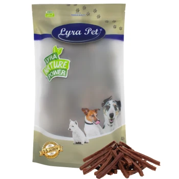 Pferdedörrfleisch 1 kg Lyra Pet Hundeleckerlis Verpackung: beige Tasche mit Hund- und Katzenbildern, beschriftet mit "Lyra Nature Power" und "100% natürlich," mit Leckerlis davor.