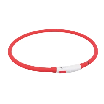 Rotes Silikon-Haustierhalsband mit einem weißen Ein/Aus-Schalter und USB-Ladeanschluss, entworfen für Sichtbarkeit und Sicherheit.