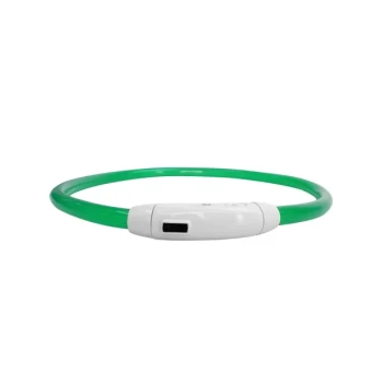 LED-Hundehalsband – Wiederaufladbar, Zuschneidbar & 3 Leuchtmodi für mehr Sicherheit grün Grüner Haustierhalsband mit einer weißen Steuereinheit, die einen Einschaltknopf und ein kleines Display aufweist.