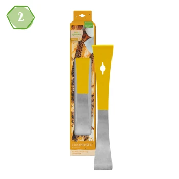 Gelbes Imkerwerkzeug mit einer Metallklinge, verpackt mit einem Honigwaben-Hintergrund und dem Text "My Little Farm" und "Stockmeissel."