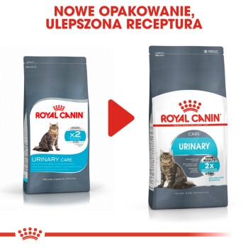 Porównanie opakowań karmy dla kotów Royal Canin Urinary Care, z szarym workiem z tabby kotem, podkreślającym "Nowe opakowanie, ulepszony przepis."