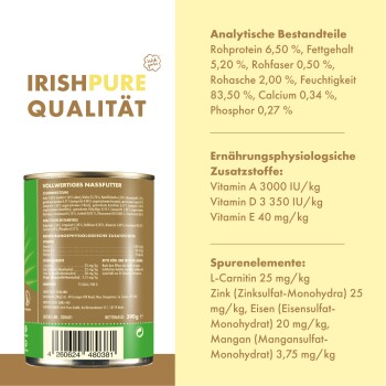 Eine Dose Irish Pure Haustierfutter mit einem gold- und braunfarbenen Design, das Zutaten und Nährwerte detailliert: 6,5% Protein, 5,2% Fett, plus Vitamine A, D, E.