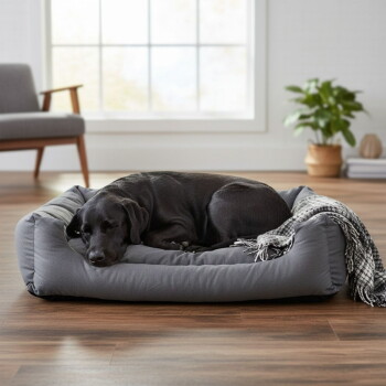Schwarzer Labrador liegt zusammengerollt schlafend auf einem grauen rechteckigen Hundebett mit karierter Decke in einem Wohnzimmer.