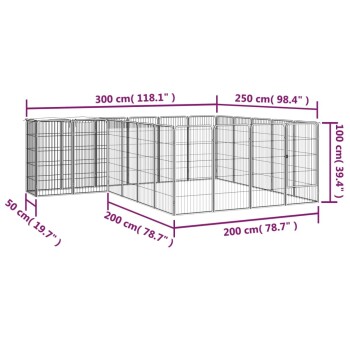 Ein großer, grauer Metallspielplatz für Haustiere mit den Abmessungen: 300 cm (118,1'), 250 cm (98,4'), 200 cm (78,7') und 100 cm (39,4').