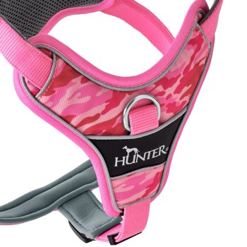 Rosa Camouflage-Hundegeschirr mit gepolsterten Riemen und einem Metall-D-Ring, mit dem Logo 'HUNTER' auf einem schwarzen Panel.