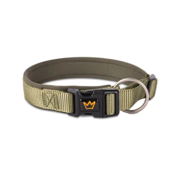 Hundehalsband - Gepolstertes Halsband Bella grün 25 cm, 30 cm Olivgrüner Haustierhalsband mit einer schwarzen Schnalle, die ein oranges Kronenlogo und einen Metall-D-Ring für die Leinenbefestigung aufweist.