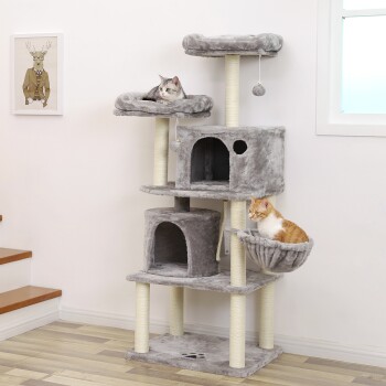 Ein grauer mehrstöckiger Katzenbaum mit zwei Katzen: einer grauen getigerten Katze, die auf der obersten Plattform liegt, und einer orangefarbenen getigerten Katze, die in einem hängenden Korb sitzt.
