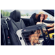 Ein kleiner Hund sitzt in einer schwarzen Haustiertragetasche, die im Beifahrersitz eines Autos gesichert ist, während eine Frau fährt.