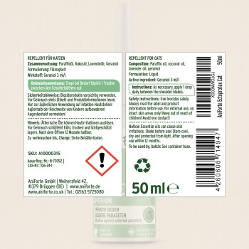 Etikett für AniForte Ectoprotex Katze, ein 50 ml flüssiges Repellent mit Inhaltsstoffen, Anwendungshinweisen, Sicherheitswarnungen und Lagerinformationen.