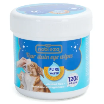Behälter mit Nobleza Tear Stain Eye Wipes für Haustiere, mit einem Hund, der gereinigt wird. Enthält 120 Tücher, alkoholfrei, ohne Duftstoffe.