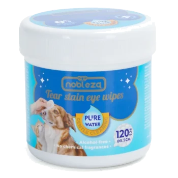 Behälter mit Nobleza Tear Stain Eye Wipes für Haustiere, mit einem Hund, der gereinigt wird. Enthält 120 Tücher, alkoholfrei, ohne Duftstoffe.