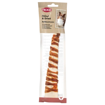 Trixie Natural & Dried Buffalo Tail Hundekauartikel mit Foto eines Hundes auf der Verpackung.