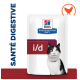 Emballage de nourriture pour chat Hill's Prescription Diet i/d, avec un sac blanc présentant une silhouette de chat noir et blanc, étiqueté "Santé Digestive."