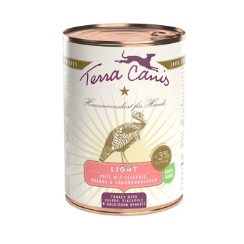 Light 6x400g Pute Dosen-Hundefutter mit der Aufschrift "Terra Canis", das Truthahn mit Sellerie, Ananas und Sanddornbeeren enthält; fettarm (<3%); 100% natürlich.