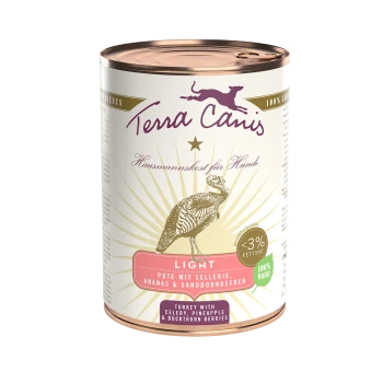 Dosen-Hundefutter mit der Aufschrift "Terra Canis", das Truthahn mit Sellerie, Ananas und Sanddornbeeren enthält; fettarm (<3%); 100% natürlich.