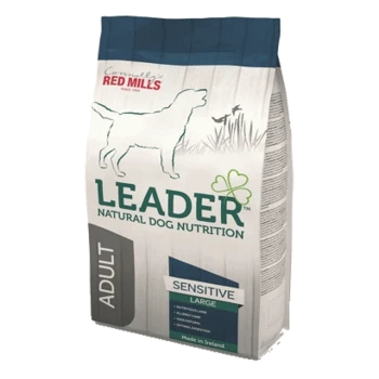 Bag of Leader Natural Dog Nutrition, labeled "Adult Sensitive Large," featuring a silhouette of a dog and grass design.
