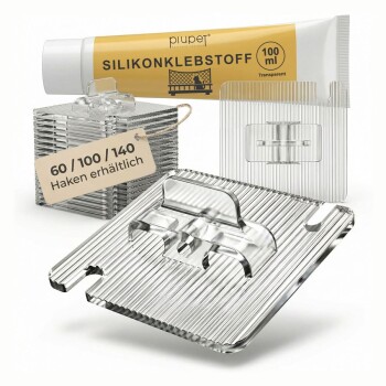 Klare Kunststoff-Sitzstangenhalter für Vogelkäfige mit einer Piupet-Silikonkleber-Tube beschriftet 'SILIKONKLEBSTOFF 100 ml' und einem Etikett '60/100/140'.