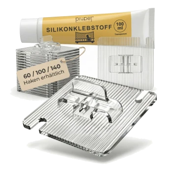 Klare Kunststoff-Sitzstangenhalter für Vogelkäfige mit einer Piupet-Silikonkleber-Tube beschriftet 'SILIKONKLEBSTOFF 100 ml' und einem Etikett '60/100/140'.