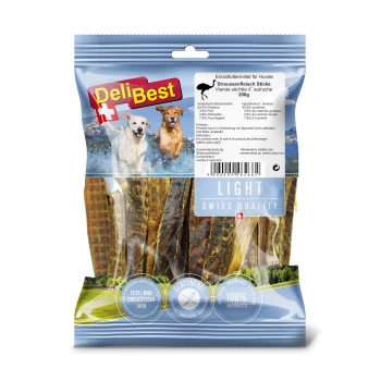 DeliBest Straußenfleischsticks für Hunde, 200g Packung, mit hohem Proteinanteil (83,9 %), niedrigem Fettgehalt (3,9 %), glutenfrei und 100 % natürlich.