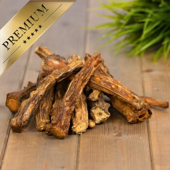 Ein Haufen hochwertiger Hundekauartikel aus natürlichen Zutaten, auf einer Holzoberfläche mit einer dekorativen grünen Pflanze im Hintergrund präsentiert.