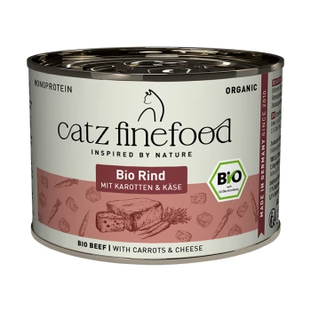 Catz Finefood Bio-Katzenfutterdose, Bio-Rind mit Karotten und Käse, Monoprotein, hergestellt in Deutschland seit 2010.