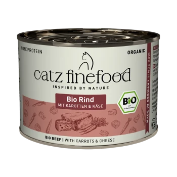 Puszka ekologicznej karmy dla kotów Catz Finefood, Bio Wołowina z marchewką i serem, monobiałko, produkowana w Niemczech od 2010 roku.