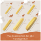 Zwei gelbe Hundekauartikel auf einem hellen Hintergrund, gekennzeichnet als fettarm, proteinreich, kalziumreich, kalorienarm, laktosefrei, nicht-GVO und glutenfrei.