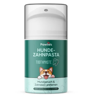 Die Zahnpastaflasche von Pawlie mit einem Cartoon-Corgi, beschriftet mit 'Hunde-Zahnpasta' und 'Toothpaste', behauptet, schlechten Atem und Zahnstein zu entfernen.
