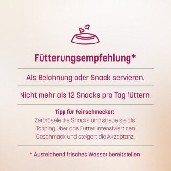 Banner ‚Snack gut. Tu Gutes. Fühl dich gut.‘ mit sechs Produktabzeichen und deutscher Beschriftung „Mit Tierärzten entwickelt“.