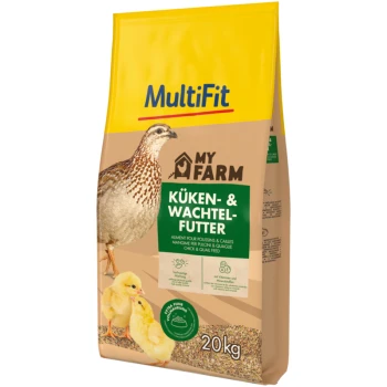 Un sac d'aliments pour poussins et cailles MultiFit, étiqueté 'KÜKEN- & WACHTEL-FUTTER,' présentant une caille et deux poussins à l'avant. Le sac pèse 20 kg.