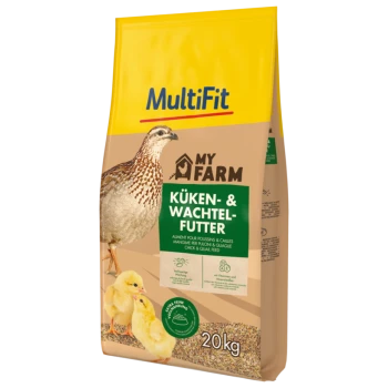 Un sac d'aliments pour poussins et cailles MultiFit, étiqueté 'KÜKEN- & WACHTEL-FUTTER,' présentant une caille et deux poussins à l'avant. Le sac pèse 20 kg.