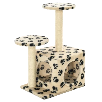 Katzenbaum mit zwei Plattformen und einem würfelförmigen Sockel, bedeckt mit beigem Stoff mit schwarzen Pfotenabdruckmustern.