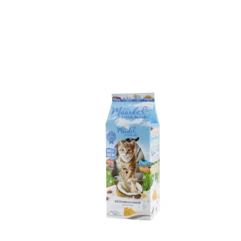 Karton mit Katzenmilch-Snack, der eine verspielte Katze und ein Kätzchen zeigt, beschriftet mit "Katzenmilch-Snack" und Geschmacksrichtungen: Beere, Cremig, Cocos, Honig.