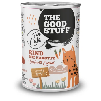 Dose THE GOOD STUFF Katzenfutter, Rind mit Karotte, orange Katzenillustration und Karotten-Symbole.