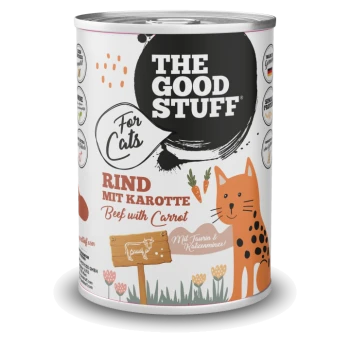 Dose THE GOOD STUFF Katzenfutter, Rind mit Karotte, orange Katzenillustration und Karotten-Symbole.