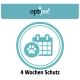 OptiPet-Logo über einem kreisförmigen Symbol mit einem Kalender und einem Pfotenabdruck, mit dem Text '4 Wochen Schutz' darunter.