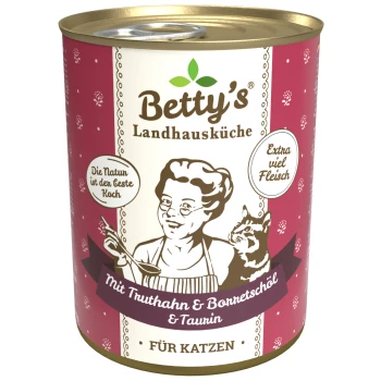 Vintage-Dose von Betty's Landhausküche Katzenfutter mit einer Frau, die kocht, und einer Katze. Text: "Mit Truthahn & Borretschöl & Taurin" und "Extra viel Fleisch."