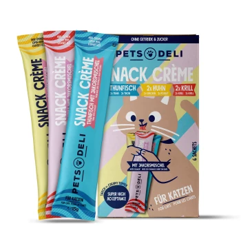 Snack Crème für Katzen von Pets Deli, mit den Geschmacksrichtungen: Thunfisch, Huhn und Krill. Enthält 6 Beutel mit einer verspielten Katzenillustration.