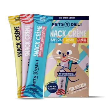 Snack Crème für Katzen von Pets Deli, mit den Geschmacksrichtungen: Thunfisch, Huhn und Krill. Enthält 6 Beutel mit einer verspielten Katzenillustration.