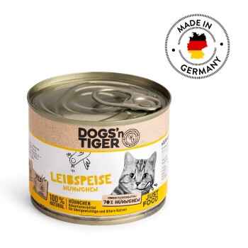 Dose mit Katzenfutter, gekennzeichnet mit "Leibspeise Hühnen" von Dogs'n Tiger, mit einer Katzenillustration, die "100% Natürlich" und "70% Huhn" angibt, hergestellt in Deutschland.