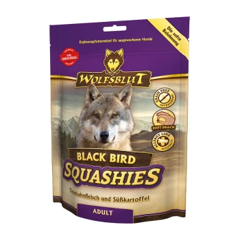 Squashies Black Bird 300 g Opakowanie przysmaków dla psów Wolfsblut Black Bird Squashies, z logo wilka, twierdzi, że jest bezglutenowe i stanowi miękki przysmak dla dorosłych psów.