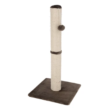 Katzenkratzbaum mit einem sisalumwickelten Pfosten, oben mit einem weichen braunen Kissen und einem baumelnden Pom-Pom-Spielzeug auf einer dunkelbraunen Basis.
