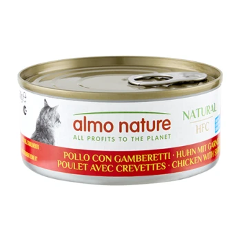 Boîte de nourriture pour chat Almo Nature avec languette et silhouette de chat ; étiquette « almo nature », « NATURAL HFC » et « Poulet aux crevettes ».