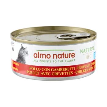 Blik Almo Nature kattenvoer met trekring en katten-silhouet; etiket 'almo nature', 'NATURAL HFC' en 'Pollo con gamberetti - kip met garnalen'.